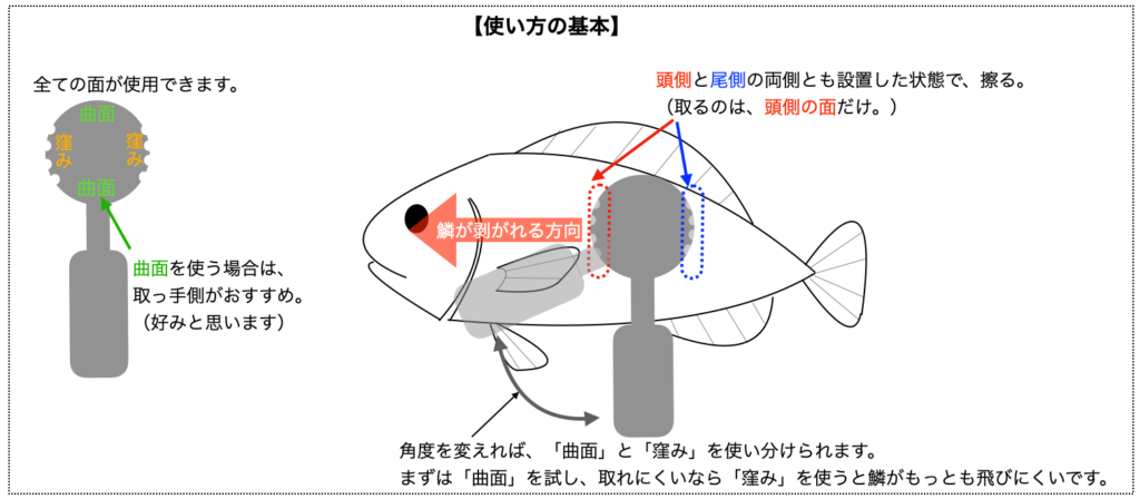 【解説図】板型ウロコ取りの使い方の基本